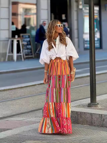 Σετ πουκάμισο με κοντά μανίκια και φούστα με βολάν σε στυλ φύλλου λωτού; φλοράλ εκτύπωση; πολυεστέρας (95%+); διαδικασία εκτύπωσης; Καλοκαίρι 2024