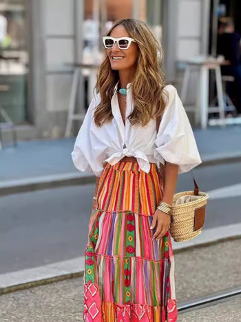 Σετ πουκάμισο με κοντά μανίκια και φούστα με βολάν σε στυλ φύλλου λωτού; φλοράλ εκτύπωση; πολυεστέρας (95%+); διαδικασία εκτύπωσης; Καλοκαίρι 2024