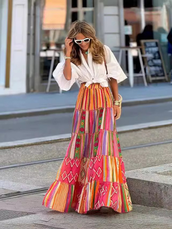 Σετ πουκάμισο με κοντά μανίκια και φούστα με βολάν σε στυλ φύλλου λωτού; φλοράλ εκτύπωση; πολυεστέρας (95%+); διαδικασία εκτύπωσης; Καλοκαίρι 2024