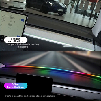 Automobiļu apkārtnes apgaismojums ar krāsainu akrila priekšējo skaņas izolācijas joslu, vadība lietotnē, bez vadiem (12V; 0.1A; silikons + akrils; universāla saderība)