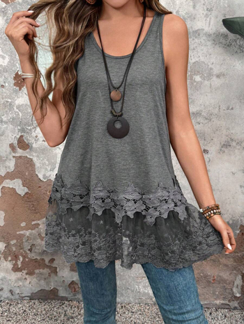 Γυναικεία αμάνικη δαντελένια πλεκτή γιλέκο, στρογγυλός λαιμός, φαρδιά γραμμή, πολυεστέρας, άνοιξη 2025