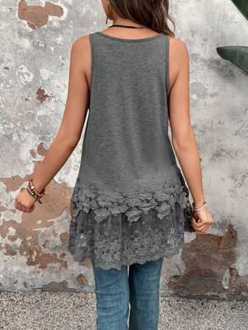 Γυναικεία αμάνικη δαντελένια πλεκτή γιλέκο, στρογγυλός λαιμός, φαρδιά γραμμή, πολυεστέρας, άνοιξη 2025