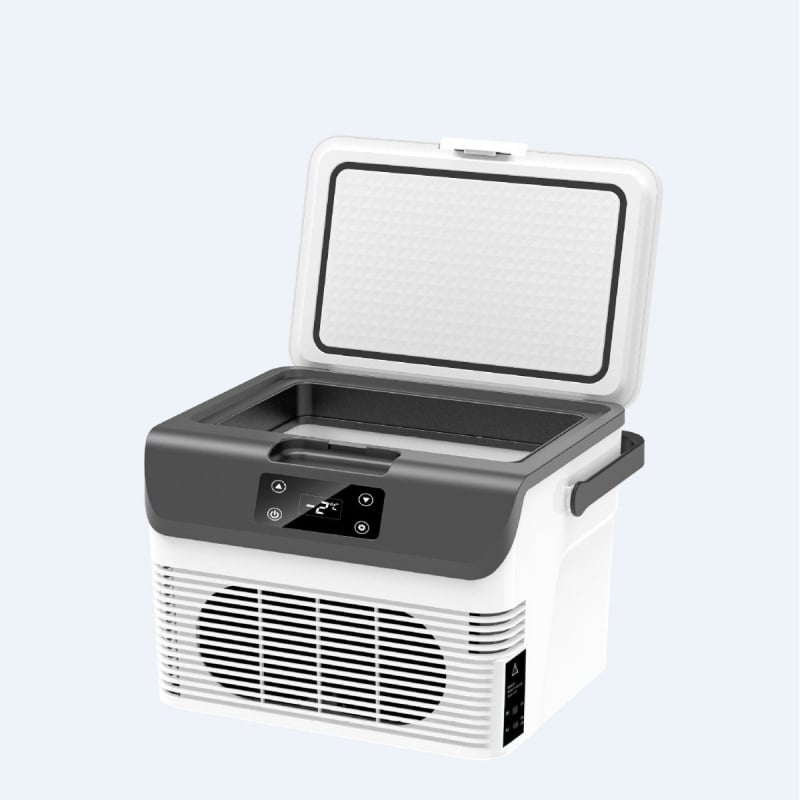 Pusvadītāja automobiļu ledusskapis ar divējādu lietošanu auto/mājai, 11-15 L, 55-63 W, DC12V/24V un 220-240V AC, dzesēšana līdz -9°C, apkure līdz 65°C