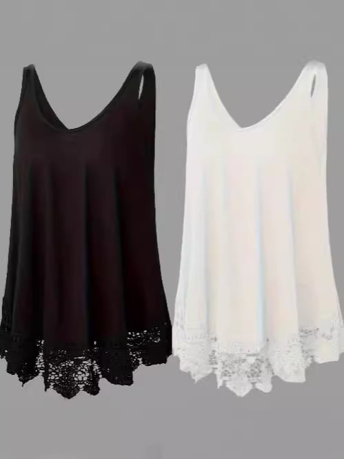 Női ujjatlan top csipkézett panellel és vékony vállpántokkal — poliészter/spandex, szabályos hosszúság, stílus szabadidő