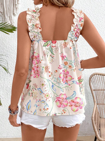 Αμάνικο τοπ με τετράγωνο λαιμό, φλοράλ μοτίβο, χαλαρή εφαρμογή, πολυεστέρας, μήκος 50–65 cm, άνοιξη 2025, για ενήλικες γυναίκες