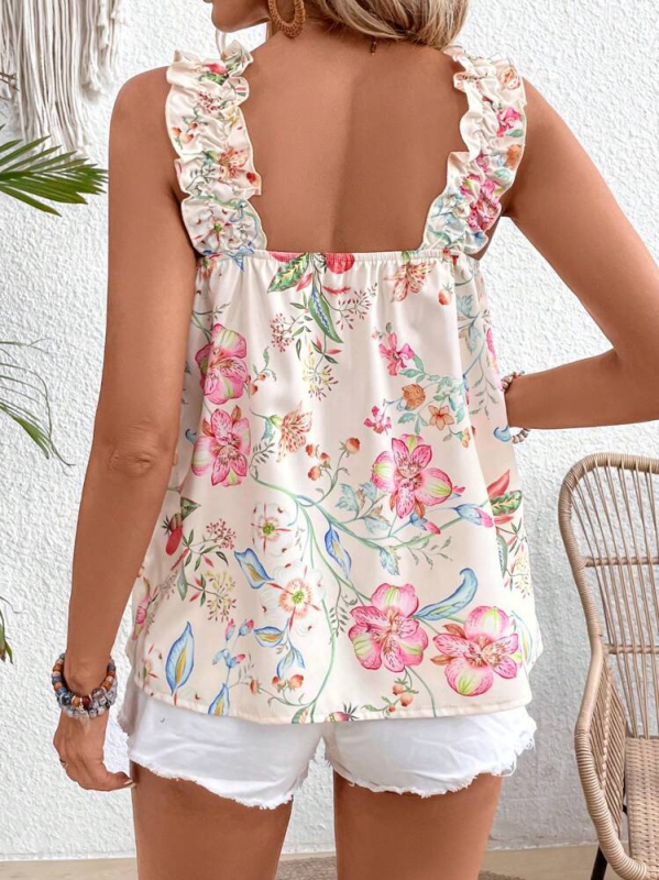 Top fără mâneci cu guler pătrat, imprimeu floral, croială lejeră, poliester, lungime 50–65 cm, primăvara 2025, pentru femei adulte