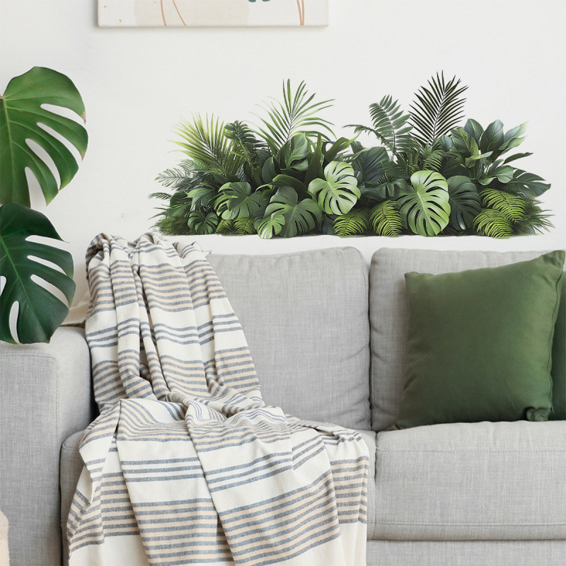 Декоративен стенен стикер с зелени растения и листа за спалня, PVC, модерен минималистичен дизайн (1 бр.)