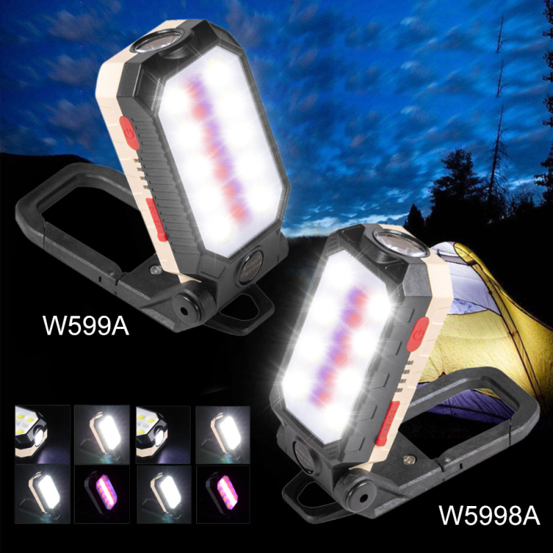 USB tölthető COB munkalámpa, összecsukható LED elemlámpa vészjelző fénnyel, 5W, 360° forgás, kézi energiaforrás