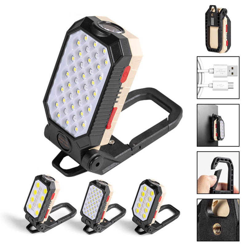 USB tölthető COB munkalámpa, összecsukható LED elemlámpa vészjelző fénnyel, 5W, 360° forgás, kézi energiaforrás