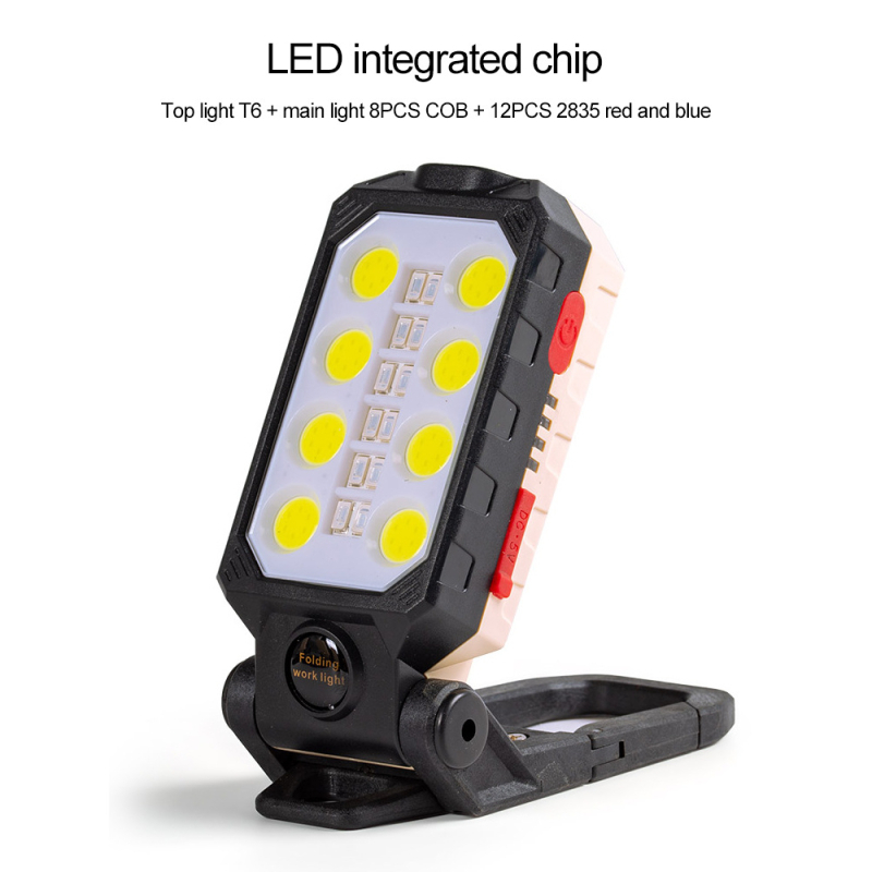 USB tölthető COB munkalámpa, összecsukható LED elemlámpa vészjelző fénnyel, 5W, 360° forgás, kézi energiaforrás