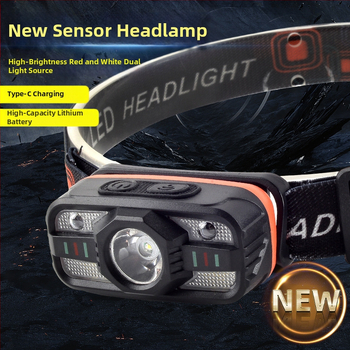 Indukcinė galvos prožektorius su daugiafunkciniu įkraunamu LED, ant galvos dėvimas; baterijos talpa 500–800 mAh, galia 5W, spindulys 100–200 m, energijos generavimas rankos prispaudimu