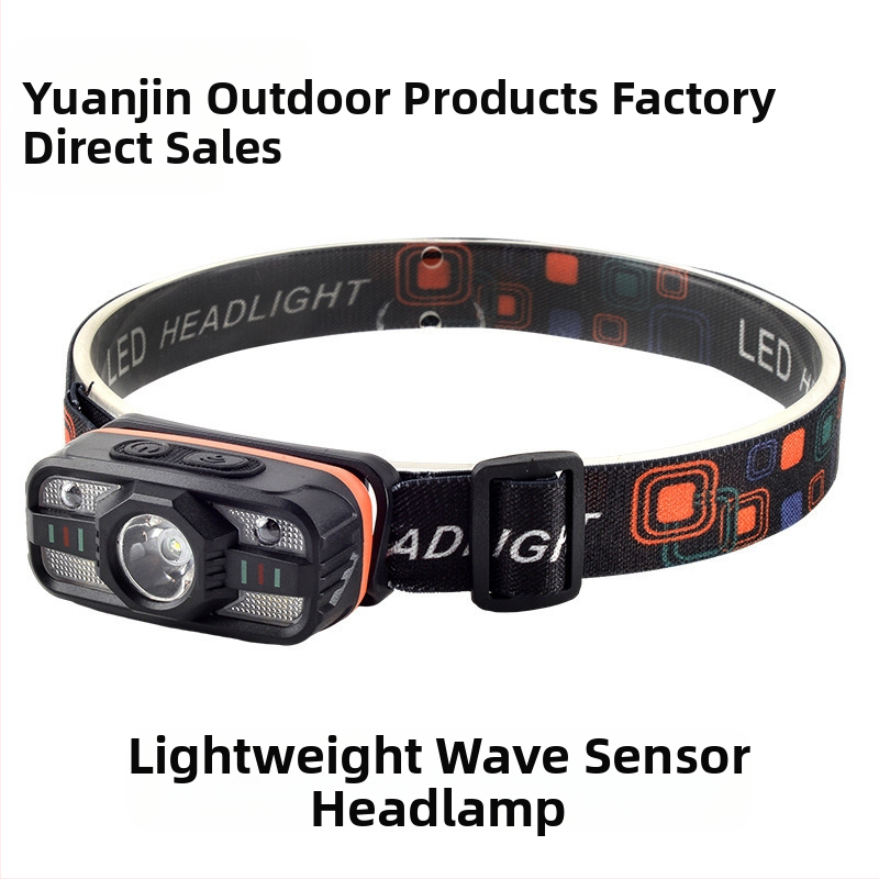 Indukcinė galvos prožektorius su daugiafunkciniu įkraunamu LED, ant galvos dėvimas; baterijos talpa 500–800 mAh, galia 5W, spindulys 100–200 m, energijos generavimas rankos prispaudimu