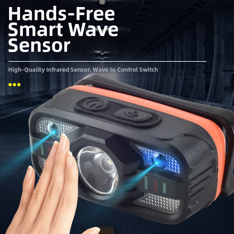 Indukčná čelovka s viacnásobnými funkciami, nabíjateľná LED, na hlavu; batéria 500–800 mAh, výkon 5W, dosah 100–200 m, generovanie energie stlačením ruky