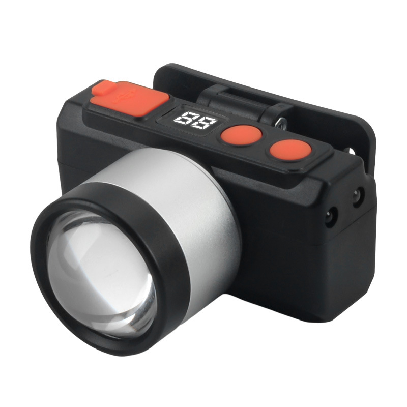 Indukcinė galvos prožektorius su daugiafunkciniu įkraunamu LED, ant galvos dėvimas; baterijos talpa 500–800 mAh, galia 5W, spindulys 100–200 m, energijos generavimas rankos prispaudimu