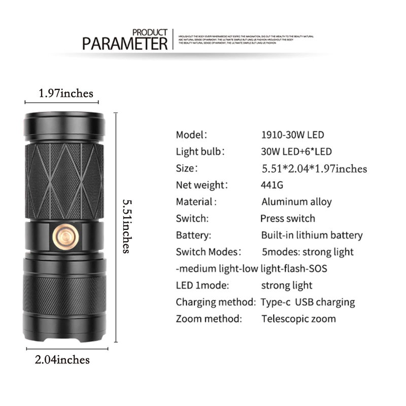 Тактически фенер с LED светлина, 20W, 1200mAh батерия, оптично увеличение, обхват 200–500 м