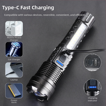 Φακός LED USB επαναφορτιζόμενος για εξωτερικούς χώρους και ανάγκες έκτακτης ανάγκης – λέιζερ φως με COB εργασιακό φως, 30W, ενσωματωμένη μπαταρία 18650, εμβέλεια 200–500 m