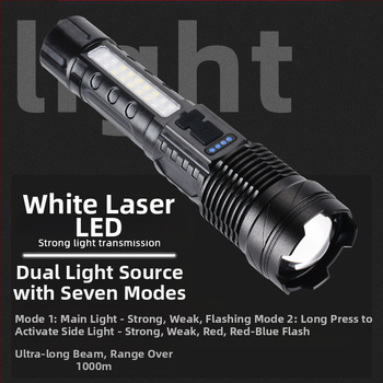 Φακός LED USB επαναφορτιζόμενος για εξωτερικούς χώρους και ανάγκες έκτακτης ανάγκης – λέιζερ φως με COB εργασιακό φως, 30W, ενσωματωμένη μπαταρία 18650, εμβέλεια 200–500 m