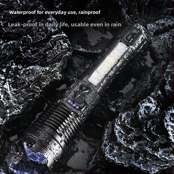 Φακός LED USB επαναφορτιζόμενος για εξωτερικούς χώρους και ανάγκες έκτακτης ανάγκης – λέιζερ φως με COB εργασιακό φως, 30W, ενσωματωμένη μπαταρία 18650, εμβέλεια 200–500 m