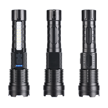 Φακός LED USB επαναφορτιζόμενος για εξωτερικούς χώρους και ανάγκες έκτακτης ανάγκης – λέιζερ φως με COB εργασιακό φως, 30W, ενσωματωμένη μπαταρία 18650, εμβέλεια 200–500 m