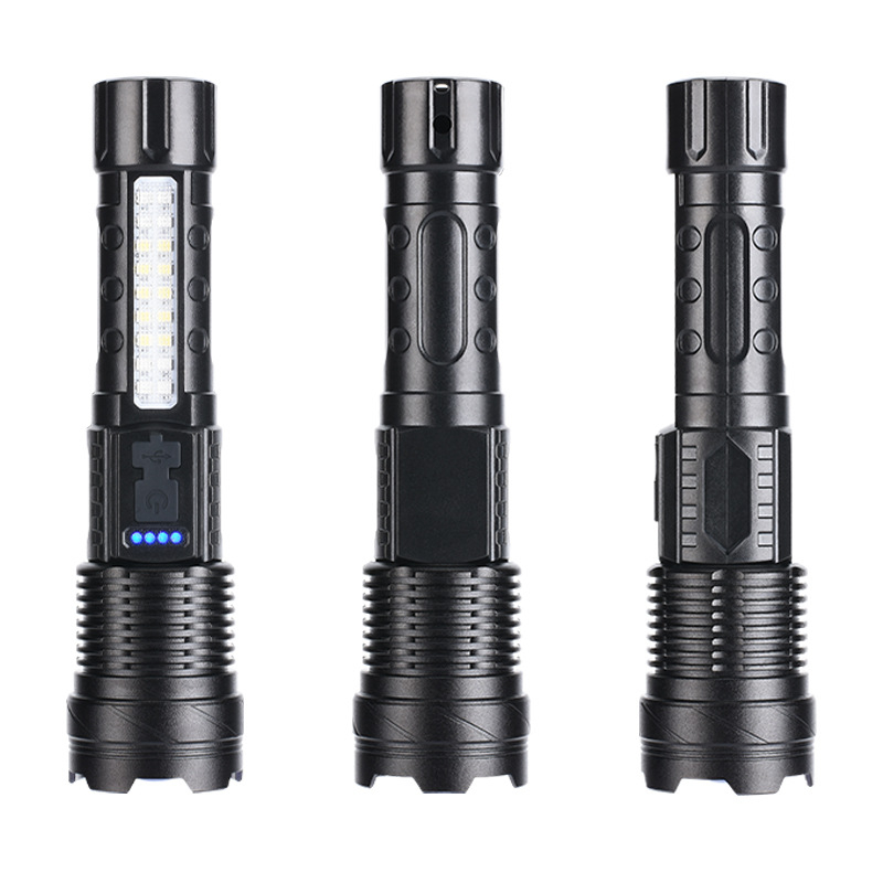 LED flashlight USB punjenje za vanjsku nuždu – lasersko svjetlo sa COB radnim svjetlom, 30W, ugrađena 18650 baterija, domet 200–500 m