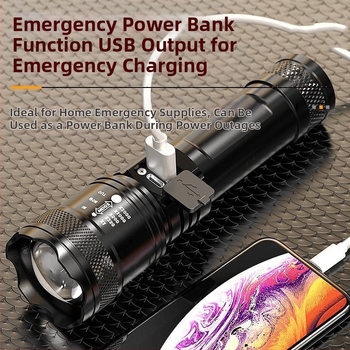 Rankinis žibintas: 20W šviesos galia, 180° spindulio kampas, 200 m nuotolis, 18650 akumuliatorius, įkrovimo laikas 5 valandos