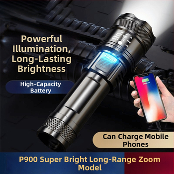 Rankinis žibintas: 20W šviesos galia, 180° spindulio kampas, 200 m nuotolis, 18650 akumuliatorius, įkrovimo laikas 5 valandos