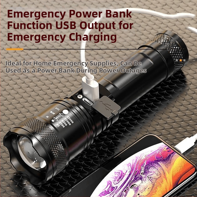 Ръчен фенер: 20W светлинна мощност, 180°, 200 м обхват, батерия 18650, време за зареждане 5 часа