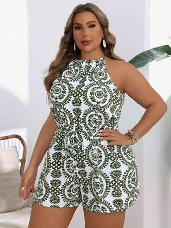 Άνετη αμάνικη ολόσωμη φόρμα με ανοιχτή πλάτη, υψηλή μέση, μήκος 3/4, πολυεστέρας