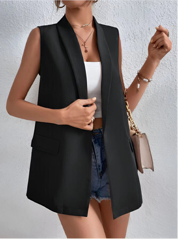 Vékony szabású ujjatlan öltöny mellény, öltöny gallérral, középmagas hossz, 50–65 cm, akril-elasztán keverék