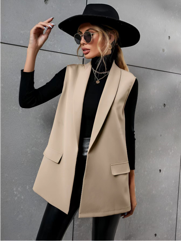 Vékony szabású ujjatlan öltöny mellény, öltöny gallérral, középmagas hossz, 50–65 cm, akril-elasztán keverék