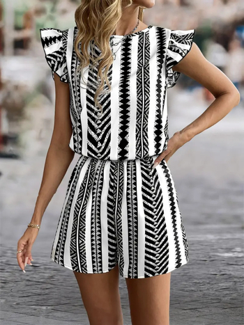Printani jumpsuit bez rukava s elastičnim struku, ravne 3/4 hlače, mješavina poliester/spandeks, Milk Silk tkanina, ljeto 2025