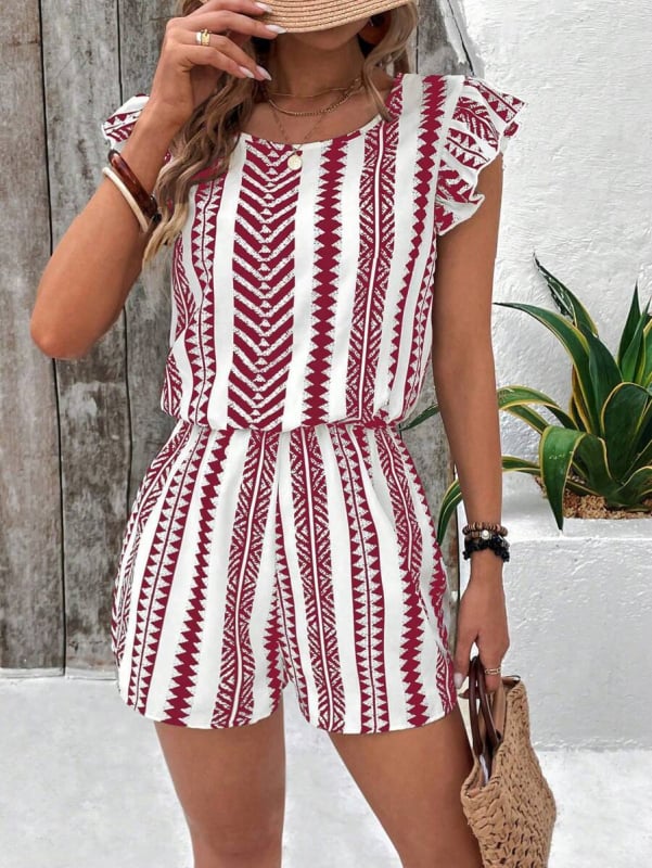 Printani jumpsuit bez rukava s elastičnim struku, ravne 3/4 hlače, mješavina poliester/spandeks, Milk Silk tkanina, ljeto 2025