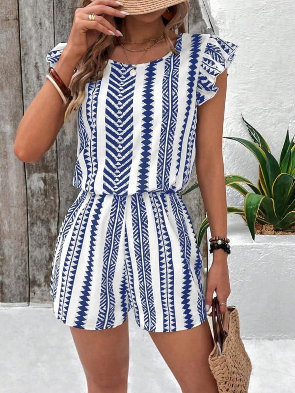 Printani jumpsuit bez rukava s elastičnim struku, ravne 3/4 hlače, mješavina poliester/spandeks, Milk Silk tkanina, ljeto 2025
