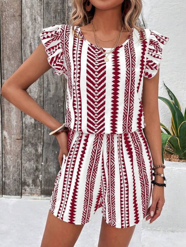 Printani jumpsuit bez rukava s elastičnim struku, ravne 3/4 hlače, mješavina poliester/spandeks, Milk Silk tkanina, ljeto 2025