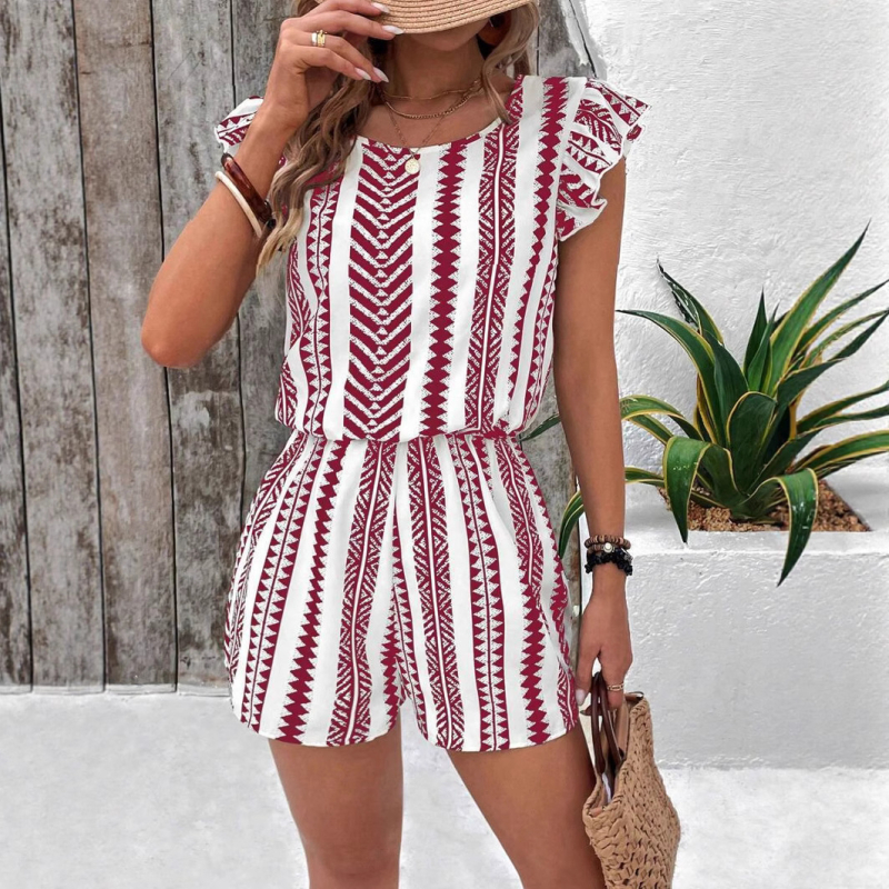 Printani jumpsuit bez rukava s elastičnim struku, ravne 3/4 hlače, mješavina poliester/spandeks, Milk Silk tkanina, ljeto 2025