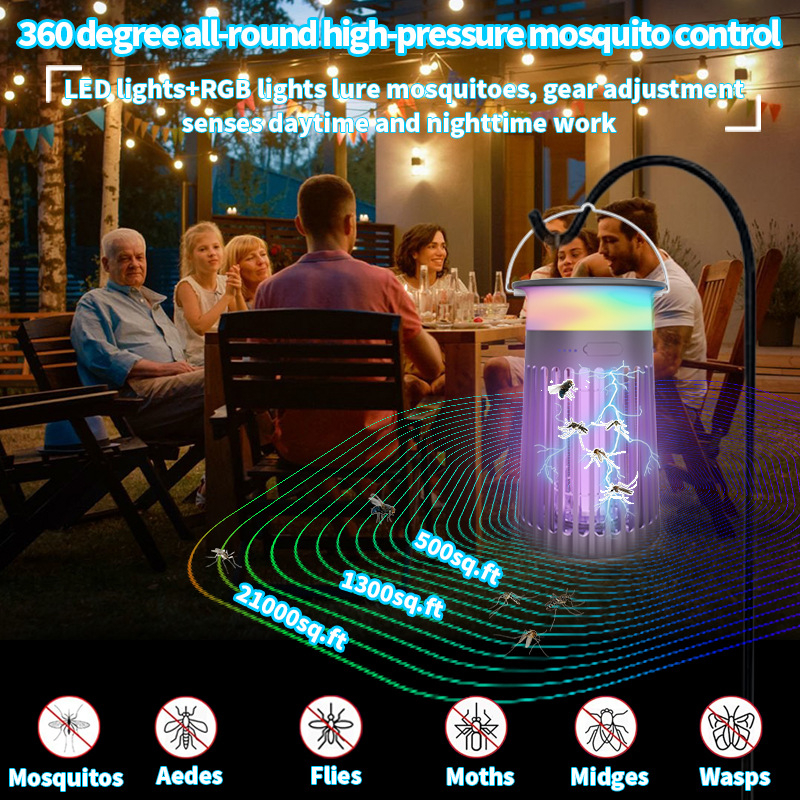 Saulės įkrovimo komarų naikinimo lemputė su UV šviesa ir elektriniu šoku, tinkama viduje ir lauke, modelis SMW-091, 1500 mAh baterija, tarnavimo laikas 8–12 val.