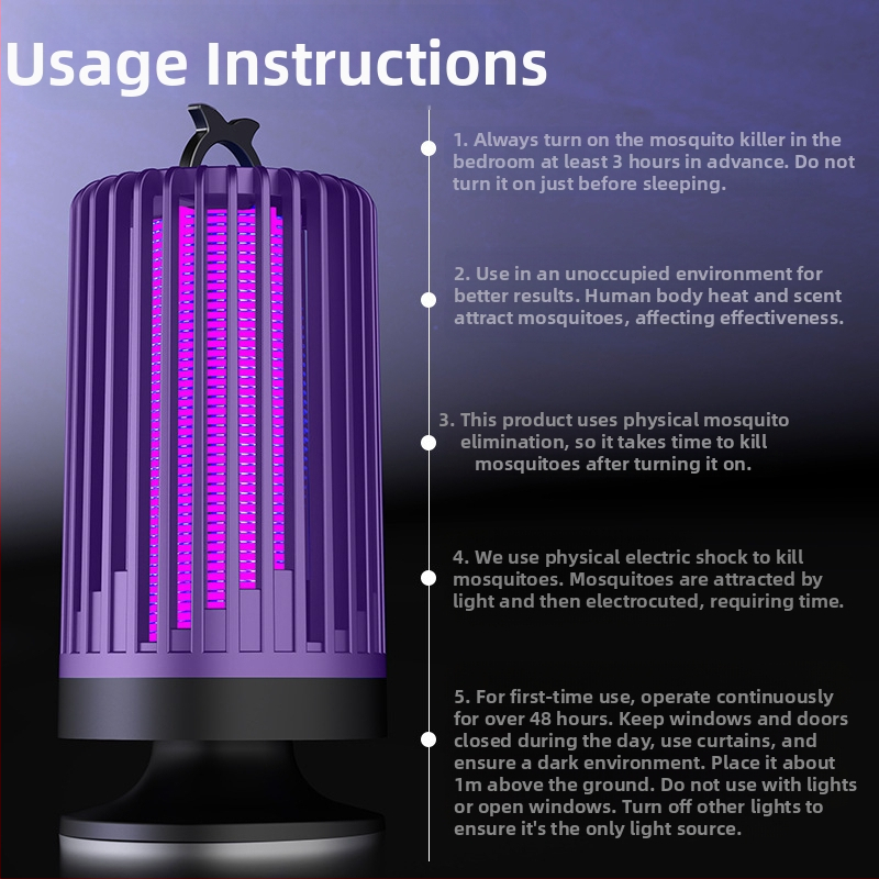 Комарена лампа за вътрешна употреба, безшумен електрошоков ловец на комари, UV светлина, корпус PP, подходяща за площи до 10㎡