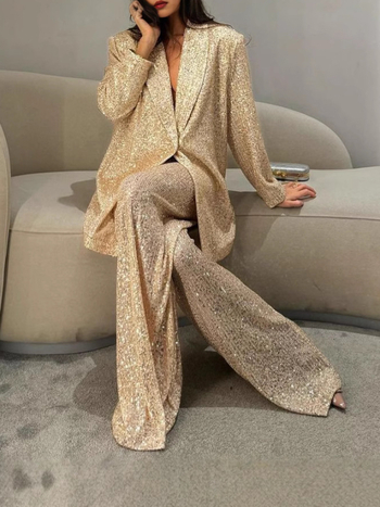 Σετ με παγιέτες: σακάκι με ένα κουμπί και παντελόνια, μακριά μανίκια, επαγγελματικό γυναικείο ντύσιμο για καθημερινές μετακινήσεις, άνοιξη 2024