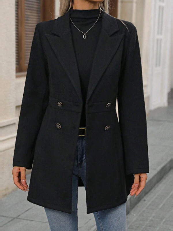 Дамско палто с тясна кройка и ревери, дълги ръкави, средна дължина, еднотонна полиестерна материя