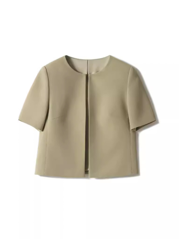 Дамско леко полиестерно късо палто с кръгло деколте, къс ръкав, едноцветно, дължина 50–65 см