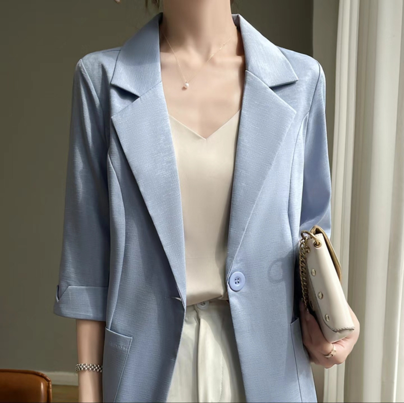Γυναικείο σακάκι κοστουμιού, λεπτό, 3/4 μανίκι, γιακά τύπου εικόνας, με ένα κουμπί