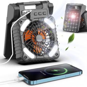 X99 къмпинг вентилатор със светлина — соларно зареждане, LED осветление, USB-C зареждане, 4-скоростен режим с таймер
