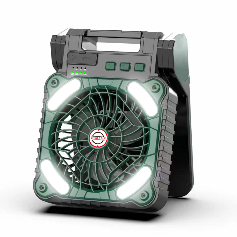 X99 kempinga ventilators ar LED gaismu — saules uzlāde, USB-C uzlāde, 4 ātrumi ar taimeri