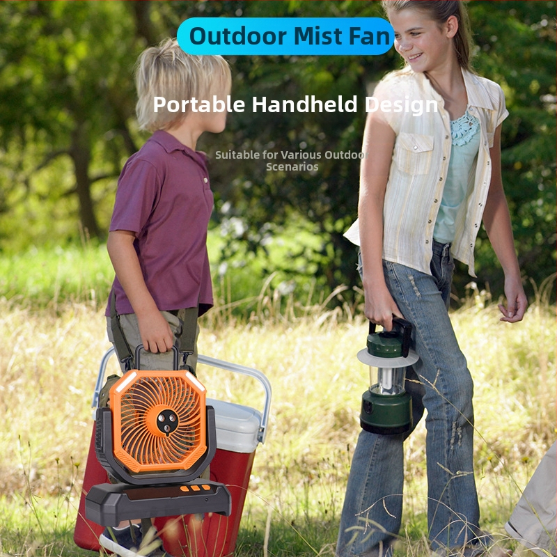 Вентилатор със спрей за къмпинг: USB захранване, 4 скорости, безшумен 36–45 dB, 3 лопатки, безчетков мотор, вградена батерия 6000mAh