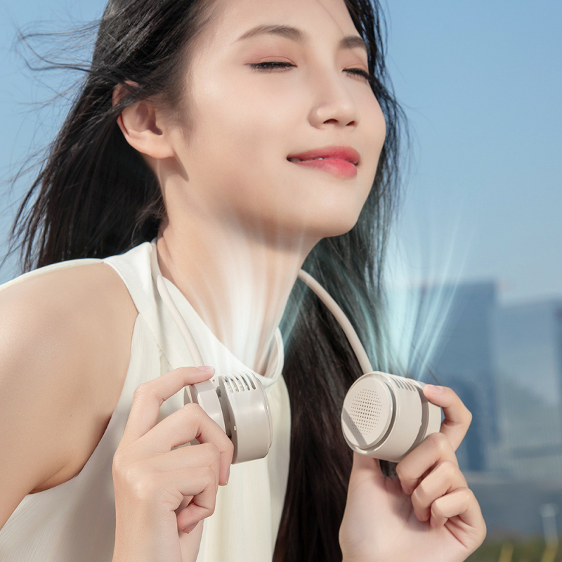 Висящ вентилатор за врата – USB портативен мини вентилатор с вградена батерия 1200–2000 mAh, безчетков двигател, 3 скорости, шум 60–70 dB