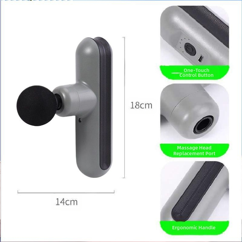 Mini nešiojamas fascijos masažo prietaisas namų naudojimui; šepetėlių motoras; iki 5-ojo greičio ar aukštesnis; 4 masažo galvutės; įmontuota baterija; triukšmas mažiau kaip 36 dB