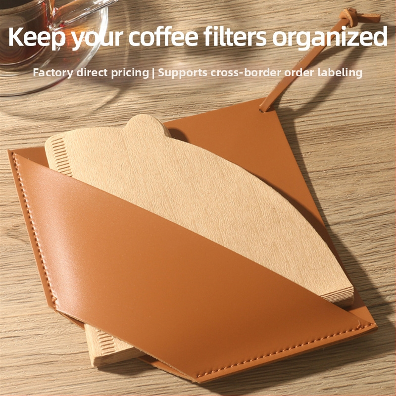 PU oda – nešiojamas kavos filtro popieriaus laikiklis ventiliatoriaus forma su saugojimo krepšeliu, lengvas prabangos stilius, pritaikomas logotipas