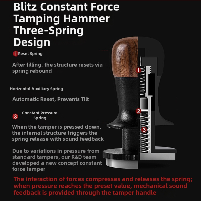 Кафе тампер с фиксирана сила, автоматично възстановяване и баланс; орехово дърво и неръждаема стомана, модерен стил, тегло 378 g