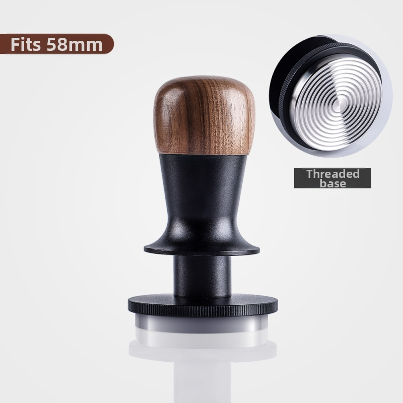 Kavos tamperis su fiksuotu jėgą, automatinį atsitraukimą ir pusiausvyrą; graikinio riešuto mediena ir nerūdijantis plienas, šiuolaikinis minimalistinis stilius