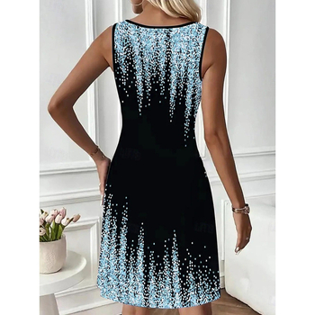 Rochie fără mâneci, guler rotund, imprimeu geometric, croială A-line, lungime midi, milk cotton cu amestec poliester-elastan